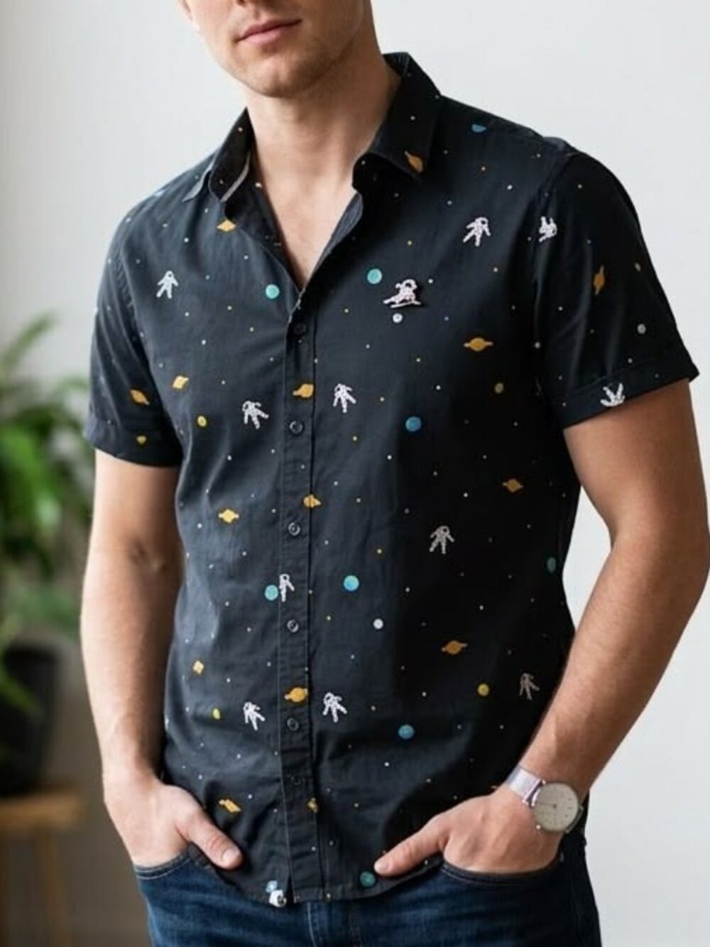Astronaut Print Button‑Down Shirt Men’s M | Space Graphic Casual Short Sleeve
